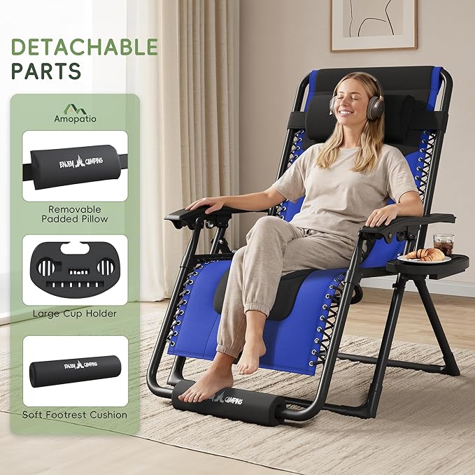 Amopatio Zero Gravity Reclining Patio Chair,XL Foldable Lounge Chair with Removable Cup Holder/Headrest/Footrest,500LBS Capacity, Portable for Outdoor Patio Pool Backyard