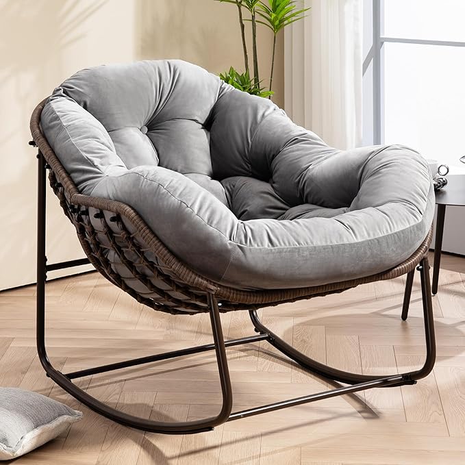 HOMEFUN Outdoor Patio Rocking Chairs, Oversized Papasan Rock Chair Indoor with Velvet Padded Cushion - Rocker Egg for Front Porch, Garden, Backyard Light Gray
