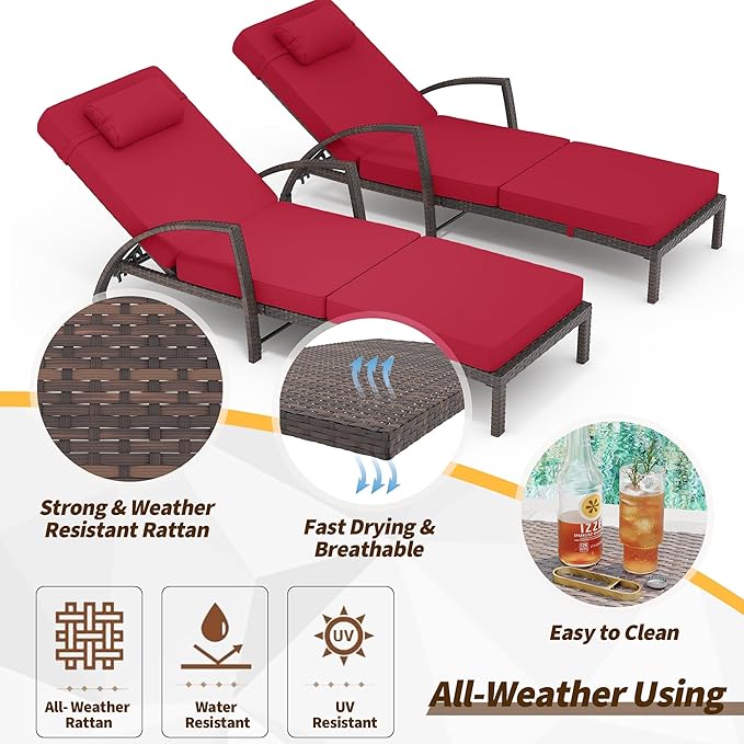 Outdoor Chaise Lounge Set of 2 Rattan Patio Folding Chaise Lounge Adjustable 5 Position Back Patio Pool Lounge Chair with Cushion Pillow for Poolside Backyard Deck Porch Red