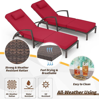 Outdoor Chaise Lounge Set of 2 Rattan Patio Folding Chaise Lounge Adjustable 5 Position Back Patio Pool Lounge Chair with Cushion Pillow for Poolside Backyard Deck Porch Red