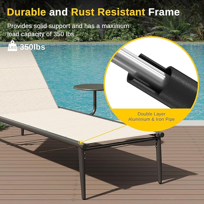 East Oak Textilene Outdoor Chaise Lounger, Aluminum Patio Lounge Chairs with Side Table, 5-Position Adjustable Lounge Chaise for Outside, Recliner Chair for Pool, Beach, Backyard, Porch, Lawn
