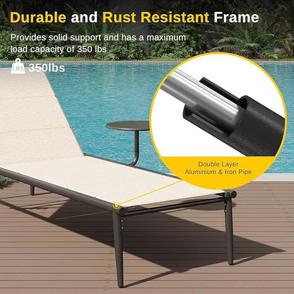 East Oak Textilene Outdoor Chaise Lounger, Aluminum Patio Lounge Chairs with Side Table, 5-Position Adjustable Lounge Chaise for Outside, Recliner Chair for Pool, Beach, Backyard, Porch, Lawn