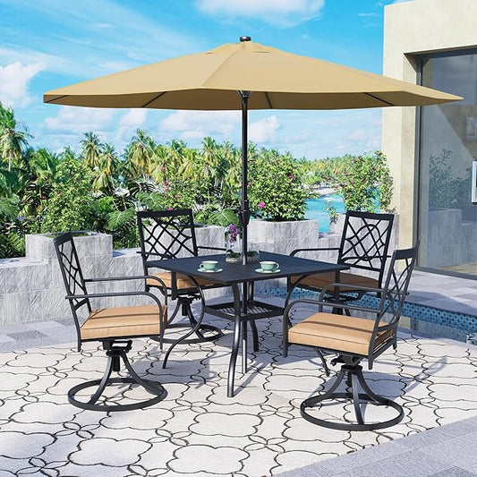 SUNCROWN 5 Pieces Outdoor Dining Set Metal Swivel Cushioned Chairs Patio Furniture Sets with Steel Slat Bistro Table and Sky Blue 9Ft Patio Umbrella for Backyard, Lawn, Garden