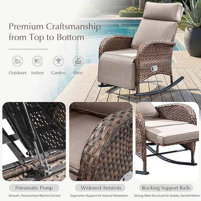 Belord 3 Piece Wicker Patio Furniture Set - Outdoor Swivel Rocker Recliner Chair with Adjustable Backrest & Footrest, All Weather Reclining Lounge Chair with Thick Cushion for Pool Deck Garden Beige