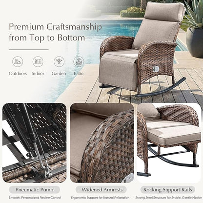 Belord 3 Piece Wicker Patio Furniture Set - Outdoor Swivel Rocker Recliner Chair with Adjustable Backrest & Footrest, All Weather Reclining Lounge Chair with Thick Cushion for Pool Deck Garden Beige