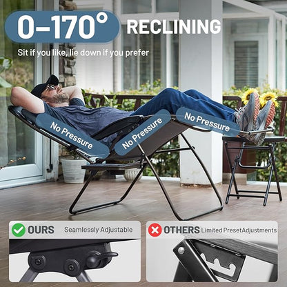 Timber Ridge Oversized Zero Gravity Chair, 33In Wide XXL Zero Gravity Reclining Chair with Side Table, Full Padded Lounge Chair for Outdoor Camping Patio Lawn, Heavy Duty Supports 500lbs, Grey-2 Pack