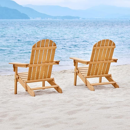 Yaheetech Folding Adirondack Chair Set of 1 Outdoor, 300LBS Solid Wood Garden Chair Weather Resistant, Fire Pit Lounge Chairs for Garden/Yard/Patio/Lawn, Natural Wood