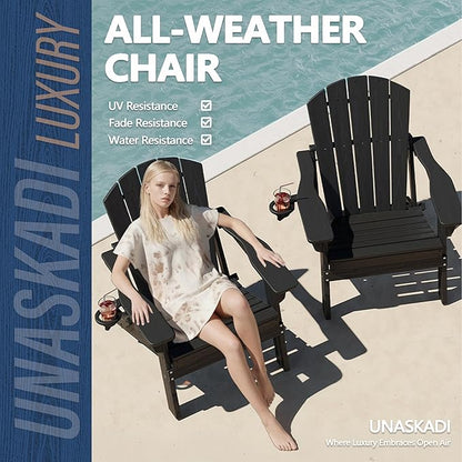 Folding Adirondack Chair with Cup Holder, HDPE All Weather Resistant Plastic Outdoor Patio Chairs, Heavy Duty Fire Pit Seating for Backyard Lawn Garden, Wooden Textured Design(Black)
