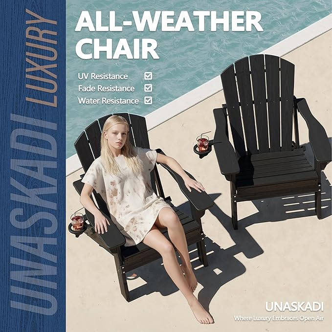 Folding Adirondack Chair Set of 4 with Cup Holder, HDPE All Weather Resistant Plastic Outdoor Patio Chairs, Heavy Duty Fire Pit Seating for Backyard Lawn Garden, Wooden Textured Design(Black)