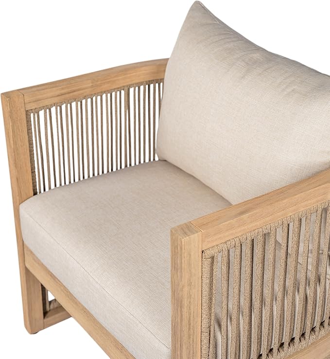 Christopher Knight Home Faine Acacia Wood Outdoor Club Chair Set of 2, Patio Accent Chair with Removable Cushion, Wooden Single Lounge Sofa Set, Light Teak+Beige