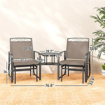 Outsunny Outdoor Glider Chairs with Coffee Table, Patio 2-Seat Rocking Chair Swing with Breathable Sling for Backyard, Garden and Porch, Brown