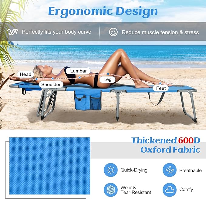 GYMAX Tanning Chair, Beach Lounge Chair with Face Hole, 5 Level Adjustable Backrest, Removable Pillow & Carry Handle - Photo 7