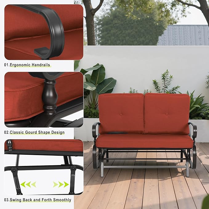 SUNCROWN Outdoor Swing Glider Chair, Patio 2 Seats Loveseat Rocking Chair with Cushions, Steel Frame Furniture-Red - Photo 5