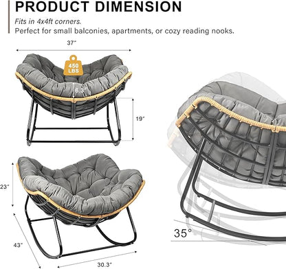 Egg-Shaped Outdoor Rocking Chair, Patio Rocking Chair with Thick Cushion, Modern Indoor Papasan Rocking Chair, Lounge Rocker for Balcony, Living Room, Bedroom, Porch, Lawn, Garden (Dark Grey)