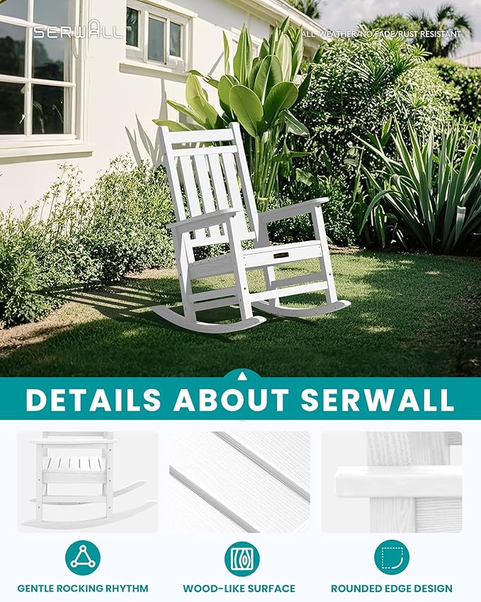 SERWALL SEWALL Oversized Outdoor Rocking Chair with Cushion, Patio Rocking Chairs for Porch, White HDPR Rocker+Flower Cushion