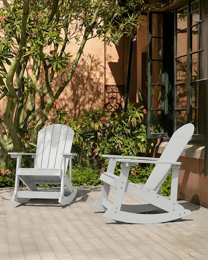 YEFU Outdoor Rocking Chair Set of 2,Adirondack Rocking Chair,Patio Rocker Chair with Wide Back,Oversized Rocker Chair Look Like Real Wood, for Lawn, Porch, Backyard, Indoor and Garden(White)