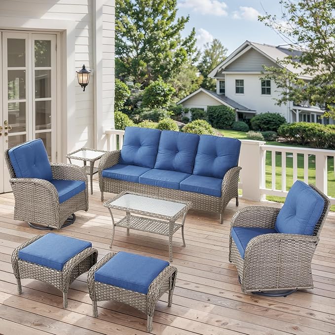 7 Pieces Outdoor Patio Furniture-Swivel Patio Chairs Set of 2 Outdoor Wicker Rattan Sofa Couch with Ottoman Outdoor Conversation Set for Deck Porch Garden Balcony Poolside-Grey/Blue