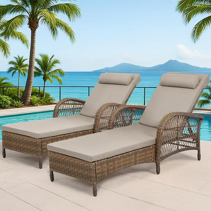 Outdoor Chaise Lounge Chair Set of 2, PE Wicker Recliner Patio Reclining Sunbathing Chair with Cushion, 6-Position Patio Lounge Chair with Adjustable High Backrest, Armrest & Pillow, Beige