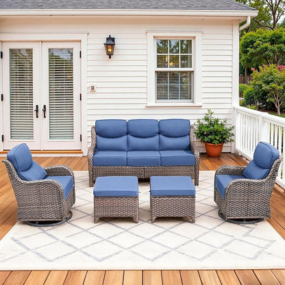 Luxury High Back Patio Furniture Set with 6-Inch Thick Cushions, 5-Pieces Outdoor Furniture with Swivel Chairs, Wicker Conversation Set for Porch, Balcony, Deck and Yard, Brown/Blue