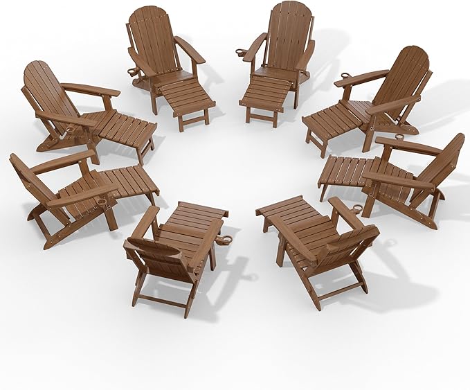 YEFU Adirondack Chair with Retractable Ottoman: Adjustable Folding Adirondack Chairs with Cup Holder - HDPE Plastic Fire Pit Chairs Set of 8 - All Weather for Outdoor/Patio/Pool/Lawn(Shallow Walnut)