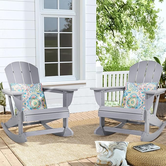 Sundale Outdoor Rocking Chair with Pillow, Patio Plastic All Weather Adirondack Rocker for Proch, Water Resistant for Outside, Garden, Pool, Yard, Grey