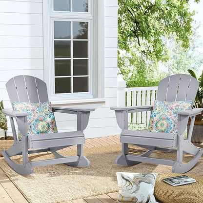 Sundale Outdoor Rocking Chair Set of 4 with Pillow, Patio Plastic All Weather Adirondack Rocker for Proch, Water Resistant for Outside, Garden, Pool, Yard, Grey