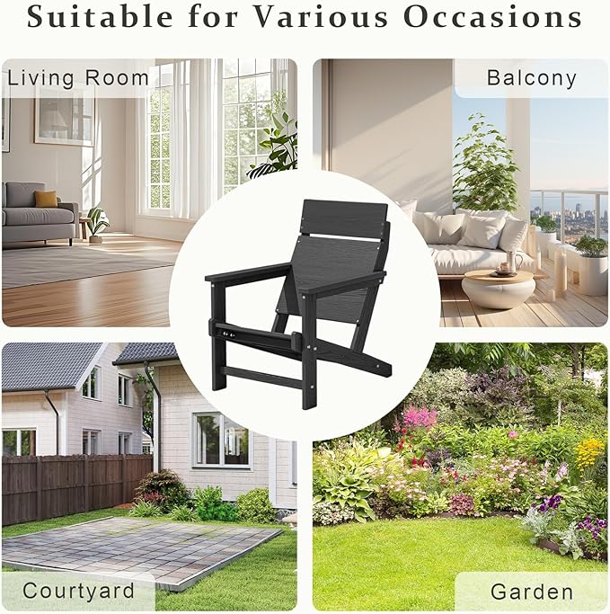 Adirondack Chair, Outdoor Patio Lawn Chairs, Outside HDPE Chairs with One-Piece Backrest for Lawn, Yard & Poolside, Black