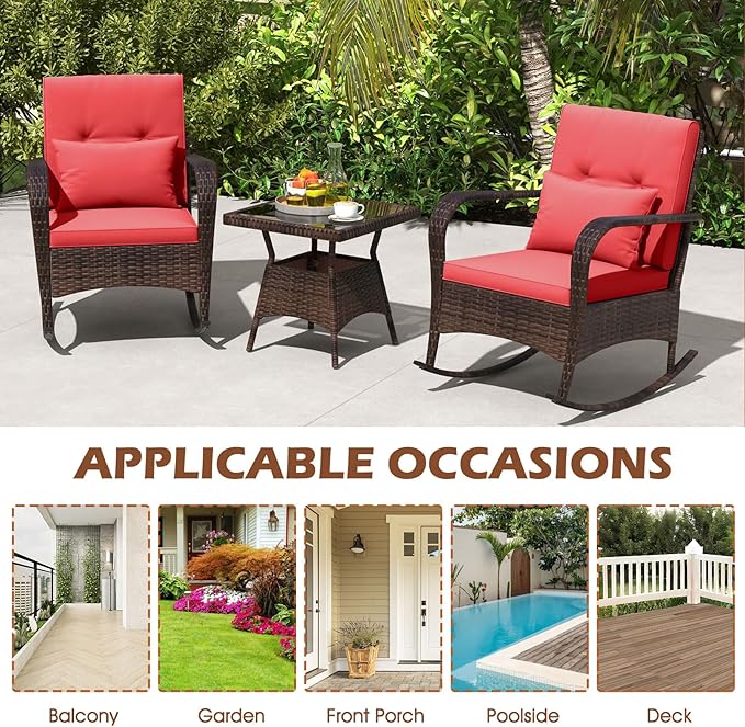 ORALNER 3 Pieces Patio Furniture Set, Outdoor Wicker Rocking Chairs with Cushions, Pillows, Glass Coffee Table - Photo 8
