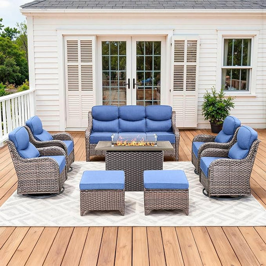 Luxury Patio Furniture Set with 42.5" Fire Pit Table, 8 Pieces High Back All Weather Wicker Outdoor Furniture w/ 6-Inch Thick Cushions, Patio Swivel Chairs Couch for Deck Balcony Backyard Brown/Blue