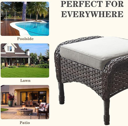 Belord Outdoor Ottomans for Patio Foot Rest - 25 Inch PE Wicker Foot Stool Set of 2 with Removable Cushions for Patio Furniture Sets,All Weather Rattan Ottoman for Balcony Deck Brown