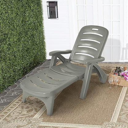 Tangkula Outdoor Chaise Lounge Chair, Adjustable 5-Position Recliner Chair with Built-in Wheels, Weather-Resistance Folding Lounge for Patio, Backyard, Poolside and Beach (1, Grey)