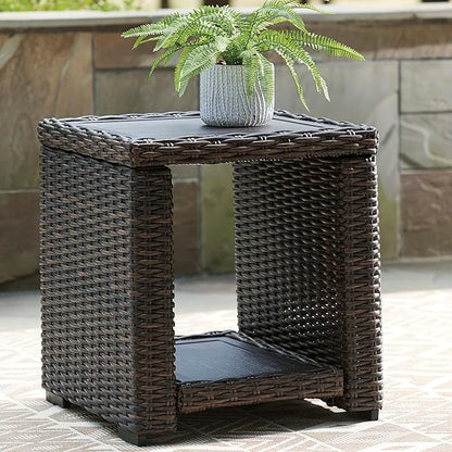Signature Design by Ashley Grasson Lane Outdoor Rattan Square End Table with Storage, All-Weather Resin Wicker Handwoven Over Durable Aluminum Frame, Aluminum Tabletop and Shelf, 22.25" High, Brown