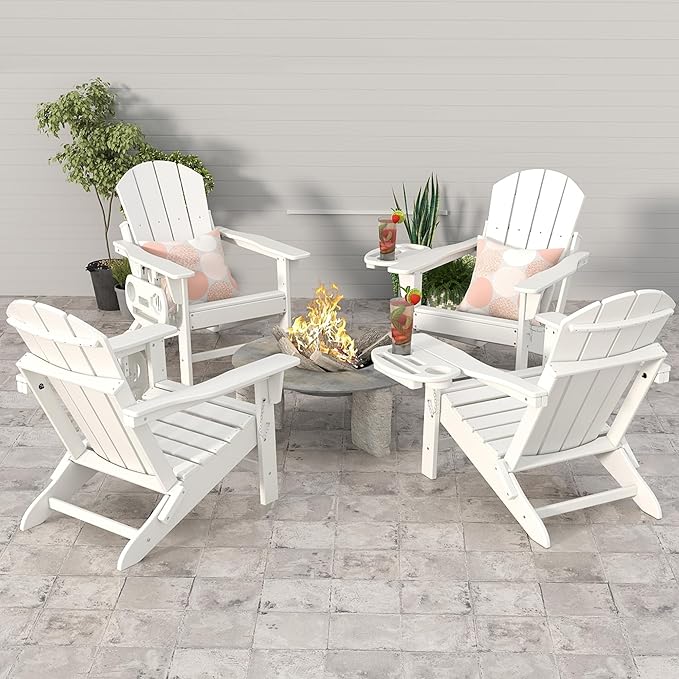 FOOWIN Folding Adirondack Chair, HDPE Adirondack Chairs with Cup Holder, Weather Resistant Plastic Fire Pit Chairs for Outdoor, Patio, Lawn, Garden, Backyard, Deck, White