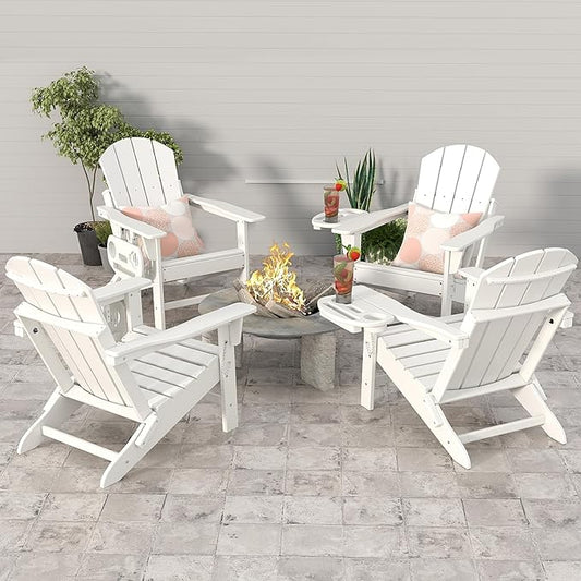 FOOWIN Folding Adirondack Chair, HDPE Adirondack Chairs with Cup Holder, Weather Resistant Plastic Fire Pit Chairs for Outdoor, Patio, Lawn, Garden, Backyard, Deck, White
