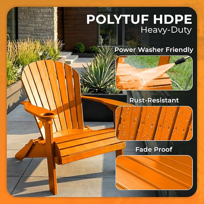Ecommersify Folding Adirondack Chair with Cup Holder - (Bright Orange) - Heavy Duty Recycled Poly Lumber Folding Chair - Amish Crafted Outdoor Furniture - Made in USA