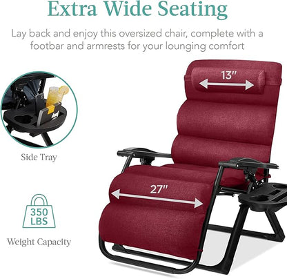 Best Choice Products Oversized Zero Gravity Chair, Folding Outdoor Patio Recliner, XL Anti Gravity Lounger w/Removable Cushion, Cup Holder, Side Tray, 350lb Capacity - Burgundy