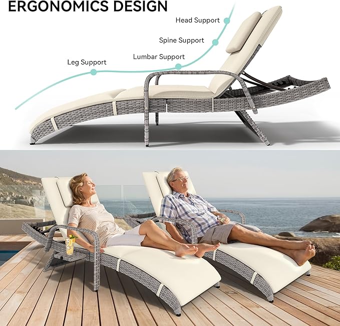 YITAHOME Patio Chaise Lounge Chair Set, Wicker Chaise Lounge Outdoor Rattan Reclining Chair with Armrests/Pull-Out Cup Holder/5-Position Backrest/Cushion & Headrest-Beige