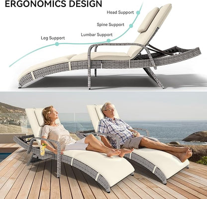 YITAHOME Patio Chaise Lounge Chair Set, Wicker Chaise Lounge Outdoor Rattan Reclining Chair with Armrests/Pull-Out Cup Holder/5-Position Backrest/Cushion & Headrest-Beige