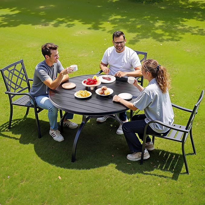 VEVOR Outdoor Patio Dining Table, 47 inch Round Metal Steel Slat Backyard Bistro Tables, with 1.5 in Umbrella Hole - Photo 2