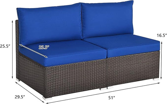 DORTALA 2 Piece Wicker Sectional Armless Chairs, Outdoor Rattan Sectional Sofa Set w/Cushions for Seat and Back, Additional Seats for Garden Balcony Patio Poolside, Navy