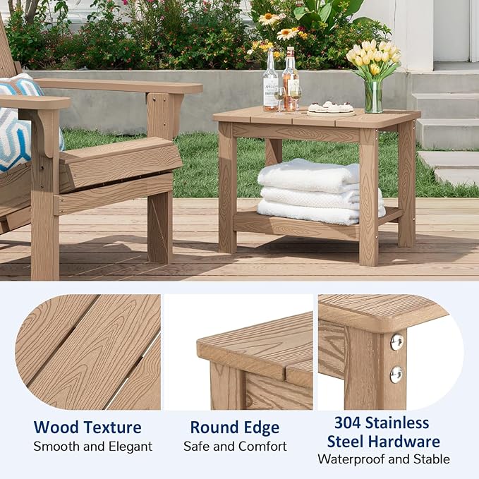 18" Outdoor Side Table, 2-Tier Patio Side Table, Weather Resistant, Easy Assembled, HIPS Adirondack Side Table for Backyard, Pool, Indoor, Teak