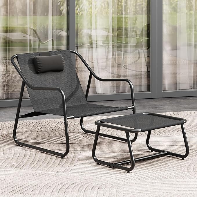 YITAHOME Patio Lounge Chair with Ottoman Set of 2, Oversized Papasan Chair, Versatile Indoor/Outdoor Textilene Lounge with Metal Handrail and Footstool, Idea for Living Room, Porch, Backyard or Garden