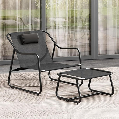 YITAHOME Patio Lounge Chair with Ottoman Set of 2, Oversized Papasan Chair, Versatile Indoor/Outdoor Textilene Lounge with Metal Handrail and Footstool, Idea for Living Room, Porch, Backyard or Garden