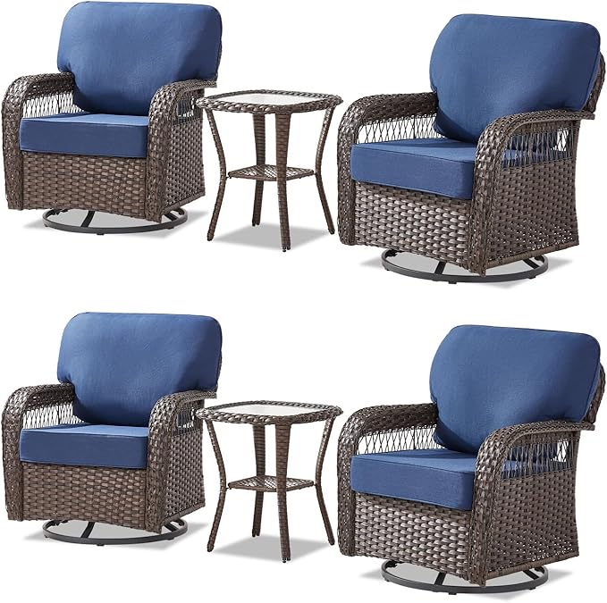 6 Pieces Outdoor Patio Conversation Sets Swivel Chairs, Wicker Swivel Rocker Patio Chairs Set of 4 with Rattan Side Tables, Wicker Outdoor Furniture for Deck Porch Garden Backyard, Blue