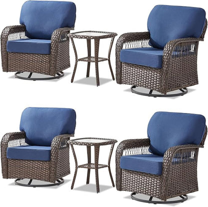 6 Pieces Outdoor Patio Conversation Sets Swivel Chairs, Wicker Swivel Rocker Patio Chairs Set of 4 with Rattan Side Tables, Wicker Outdoor Furniture for Deck Porch Garden Backyard, Blue
