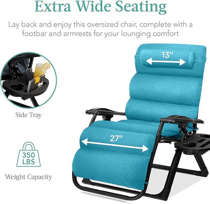 Best Choice Products Oversized Zero Gravity Chair, Folding Outdoor Patio Recliner, XL Anti Gravity Lounger w/Removable Cushion, Cup Holder, Side Tray, 350lb Capacity - Light Blue