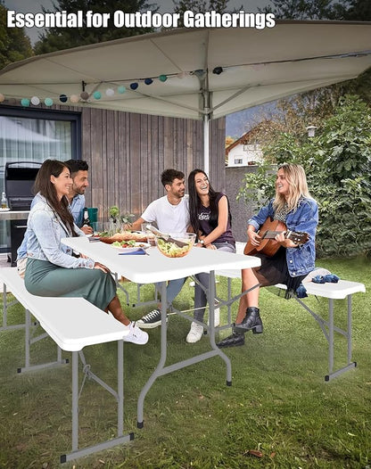 Folding Table Set with 2 Benches, 6 FT Picnic Table and Bench Set, 3- Piece Foldable Camping Tables Sets for Indoor & Outdoor, Portable Plastic Tables Chairs for Party, Wedding, Event, BBQ