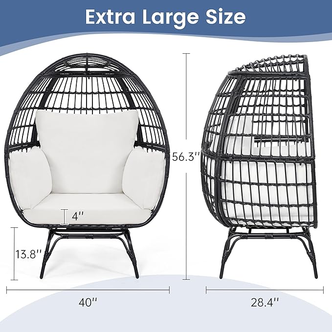 Oversized 360° Swivel Rattan Egg Chair for Adult, Indoor Outdoor Patio Large Wicker Egg Chair with Overstuffed Cushions, 440lb Weight Capacity, Black Rattan with Beige Cushion