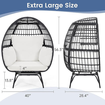 Oversized 360° Swivel Rattan Egg Chair for Adult, Indoor Outdoor Patio Large Wicker Egg Chair with Overstuffed Cushions, 440lb Weight Capacity, Black Rattan with Beige Cushion