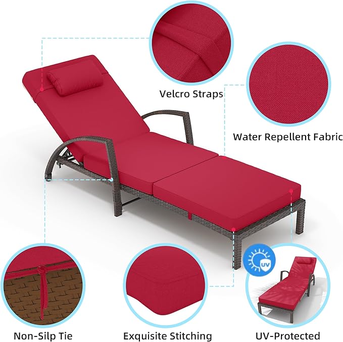 Outdoor Chaise Lounge Set of 2 Rattan Patio Folding Chaise Lounge Adjustable 5 Position Back Patio Pool Lounge Chair with Cushion Pillow for Poolside Backyard Deck Porch Red